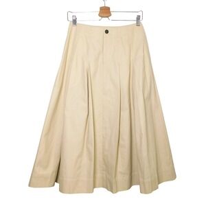 Avec Les Filles Eggshell Beige Pleated Cotton Midi Skirt Size 2 A-Line High Rise